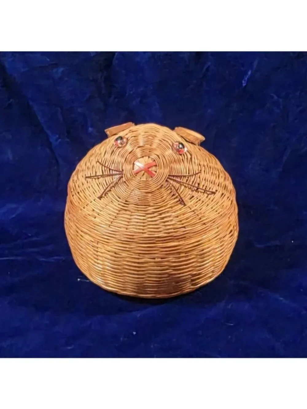 Vintage Woven Wicker Lidded Bunny Basket with Ceramic Liner 4.5
